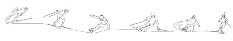 kontinuerlig ett linje teckning vinter- sporter idrottare skidåkning vektor