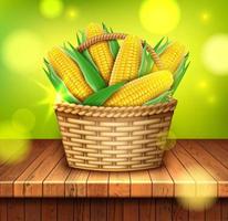 realistisch detailliert 3d Süss organisch Mais Cob und Rattan Korb. Vektor