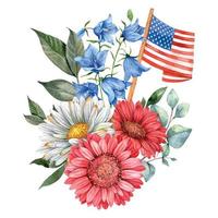 4 .. von Juli patriotisch Konzept. Unabhängigkeit Tag Design Element. Hand gemalt Aquarell Blumen- Arrest . botanisch Illustration vektor