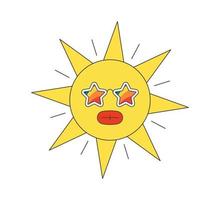 retro groovig Sonne Charakter im Regenbogen farbig Sonnenbrille. psychedelisch Hippie komisch Solar- Maskottchen. abstrakt Jahrgang Hippie Smiley Aufkleber. modisch y2k Pop Kultur lächelnd sonnig Hipster Symbol. Vektor eps