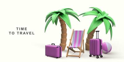 3d sommar semester begrepp med strand stol, handflatan träd, strand boll och resa påsar. vektor illustration.