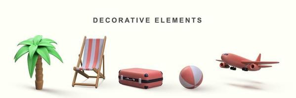 3d realistisk uppsättning av dekorativ element - Sol solstol, strand boll, flygplan, handflatan träd och resväska. vektor illustration.