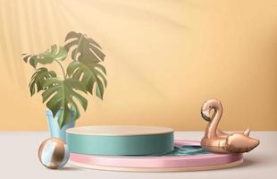 abstrakt Hintergrund zum Sommer- Produkt Anzeige, Türkis Podium mit Schwimmen Schwimmbad, Flamingo schwimmen Ring und tropisch eingetopft Anlage, 3d Illustration vektor