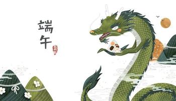 Drachen Boot Festival Poster, mit süß Chinesisch Drachen halten köstlich Reis Knödel, Chinesisch Übersetzung, duanwu, 5 .. kann im Mond- Kalender vektor