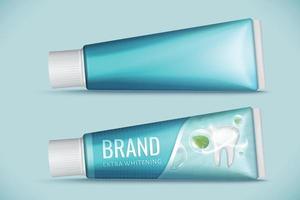 realistisk tandkräm mock-up isolerat på ljus blå bakgrund, ett med paket design och ett utan, 3d illustration vektor