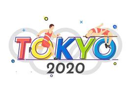 gesichtslos Athlet Mann hoch springen Querlatte mit Läufer Charakter auf olympisch Symbol Hintergrund zum Tokyo 2020. vektor