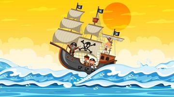 Ozean mit Piratenschiff bei Sonnenuntergangsszene im Karikaturstil vektor