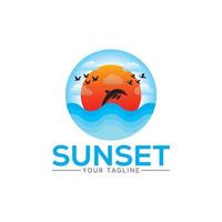 solnedgång logotyp vektor illustration inkludera moln, Sol, fågel, himmel, fisk och Vinka.