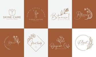 botanisch Blumen- Element Hand gezeichnet Logo mit wild Blume und Blätter. Logo zum Spa und Schönheit Salon, Boutique, organisch Geschäft, Hochzeit, Blumen- Designer, Innere, Fotografie, Kosmetik. kostenlos Vektor