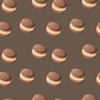 sömlös mönster med choklad söt tecknad serie macaroons på en brun bakgrund. ljus sömlös mönster med sötsaker för konditor eller vykort. ljuv bakgrund för godis Lagra vektor