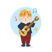 glücklich süß Kinder Junge singen ein Lied und abspielen Gitarre. Karikatur Hand gezeichnet Charakter Vektor isoliert auf Weiß Hintergrund.