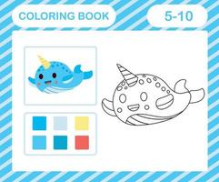 färg bok eller sida tecknad serie söt narval, utbildning spel för barn ålder 5 och 10 år gammal vektor