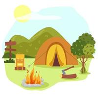 Camping Konzept Kunst. eben Stil Illustration von schön Landschaft, Berge, Wald, Zelt, und ein Lagerfeuer. Design zum Banner, Poster, Webseite, Emblem, Logo und Andere. vektor