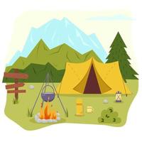 camping begrepp konst. platt stil illustration av skön landskap, berg, skog, tält, och en lägereld. design för baner, affisch, hemsida, emblem, logotyp och andra. vektor