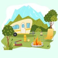 Camping Konzept Kunst. eben Stil Illustration von schön Landschaft, Berge, Wald, Zelt, und ein Lagerfeuer. Design zum Banner, Poster, Webseite, Emblem, Logo und Andere. vektor