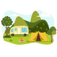 Camping Konzept Kunst. eben Stil Illustration von schön Landschaft, Berge, Wald, Zelt, und ein Lagerfeuer. Design zum Banner, Poster, Webseite, Emblem, Logo und Andere. vektor