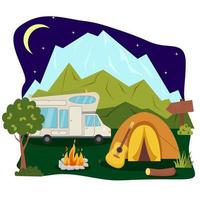 camping begrepp konst. platt stil illustration av skön landskap, berg, skog, tält, och en lägereld. design för baner, affisch, hemsida, emblem, logotyp och andra. vektor
