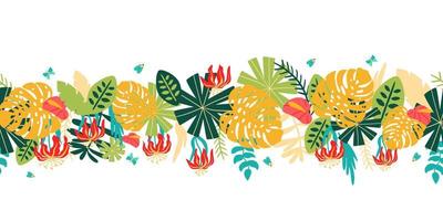 tropisch horizontal Banner. wild Party nahtlos Grenze. tropisch verlassen Sommer- Panorama Poster. exotisch Blätter Banner. Urwald Blumen- nahtlos Rand botanisch Grafik Design. hell Vektor Illustration.