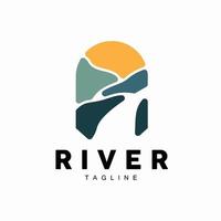 Fluss Logo, Streamer Vektor, Fluss Bank, Berge und Bauernhof Design, Illustration Symbol Symbol vektor