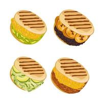 einstellen von Vektor Arepas. traditionell Gericht von kolumbianisch Küche. gegrillt Gebäck mit Füllung. Arepas mit Käse, Avocado, Fleisch. Vektor Illustration von Lebensmittel. Weiß isoliert Hintergrund.