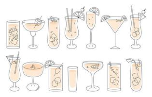 Cocktail einstellen im ein minimal Vektor dünn Linie Illustration. kosmopolitisch, Gin und Tonic, Sex auf das Strand, Mojito, Martini, Mimose, Pina Kolada, Tequila Sonnenaufgang, Blau Hawaii und blutig Fröhlich.