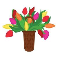 Strauß von Tulpen im ein Korbweide Korb, bunt Frühling Blumen zum ein Urlaub Karte vektor