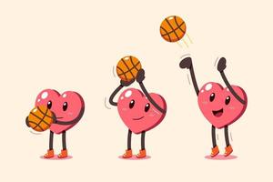 uppsättning av vektor tecknad serie hjärta karaktär skjuta en basketboll