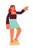 kvinna studerande bär trendig sommar kläder pekande semi platt färgrik vektor karaktär. redigerbar full kropp person på vit. enkel tecknad serie fläck illustration för webb grafisk design och animering
