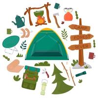 Hintergrund zum Sommer- Camping, reisen, Reise, wandern, Tourist, Natur, reisen, Picknick. Design von ein Poster, Banner, Flugblatt, Abdeckung, Besondere Angebot, Werbung. Vektor Illustration im ein eben Stil.