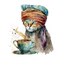 turkiska katt med kaffe kopp. muslim katt med turban. vattenfärg vektor illustration för kaffe hus. isolerat på vit bakgrund. kan vara Begagnade för meny