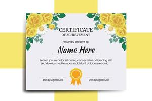 certifikat mall gul reste sig blomma vattenfärg digital hand dragen vektor
