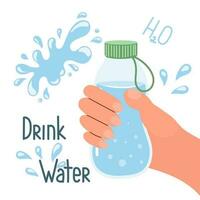 trinken Mehr Wasser, Wasser Flasche im Hand. Gesundheit Pflege Konzept. eben Stil Illustration, Vektor