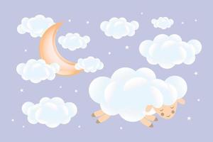 3d Baby Dusche. Schaf schläft auf ein Wolke mit ein wachsend Mond mit Wolken auf ein Sanft Blau Hintergrund. Kinder- Design im Pastell- Farben. Hintergrund, Illustration, Vektor. vektor