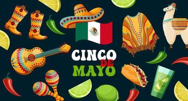 cinco de Mayo Banner mit Symbole von Mexiko, Mexiko Flagge, Marakas, Sambrero, Chili, Poncho, Zitrone, Lama, Cowboy Stiefel und Gitarre auf dunkel Hintergrund. Poster, Urlaub Hintergrund, Vektor