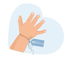 Babyboy Hand mit ein Blau Etikett herzlich willkommen. Symbol, Logo, Illustration zum Neugeborene. Pastell- Farben, Vektor