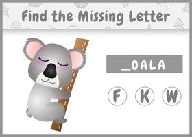 pedagogiskt stavningsspel för barn hittar saknad bokstav med en söt koala vektor