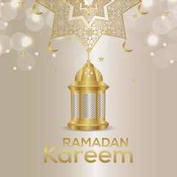 Ramadan Kareem Einladungsgrußkarte mit kreativer Goldlaterne und Mond auf Musterhintergrund vektor