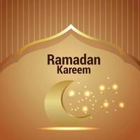 Ramadan Kareem Einladungsgrußkarte mit Goldmond und Laterne auf Musterhintergrund vektor