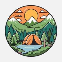 Camping und Reise Logo. Vektor Illustration von ein Zelt auf das Hintergrund von das Berge und Fluss