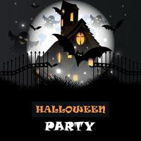lyckligt halloween festkort med spökhus, fullmåne och fladdermöss som flyger vektor