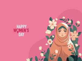 glücklich Damen Tag Konzept mit Muslim jung Mädchen Charakter tragen Hijab auf Blumen- dekoriert Hintergrund. vektor