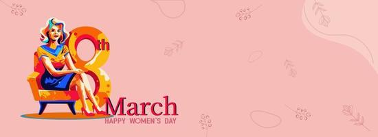 glücklich Damen Tag Konzept, jung Frau Sitzung beim Sessel mit Text 8 .. März Aquarell Gemälde auf Pastell- Rosa Hintergrund. vektor