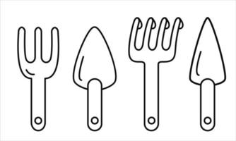 uppsättning av vektor svart linje illustration av trädgård verktyg, skopor, räfsa, lossna gaffel. vår, sommar, trädgård teman.