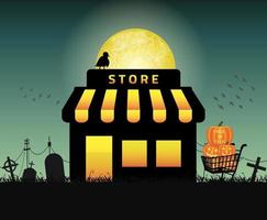 halloween butikshop öppen på nattkyrkogården vektor