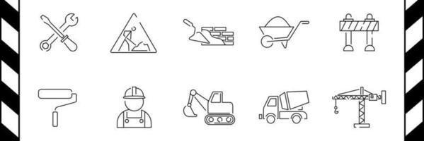uppsättning av konstruktion relaterad vektor linje ikoner. inkluderar sådan ikoner som konstruktion verktyg och Utrustning, Spackel kniv, stege, byggare och Mer.