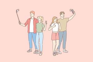 selfie, blogg, social nätverk, par begrepp vektor