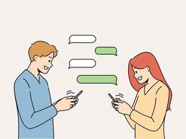 leende man och kvinna chattar uppkopplad på social media på Tal bubblor. Lycklig par meddelande på internet på mobiltelefoner. dejting och flirta på webb. vektor illustration.