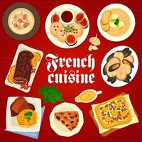 Französisch Küche Speisekarte Abdeckung, Essen Geschirr und Mahlzeiten vektor