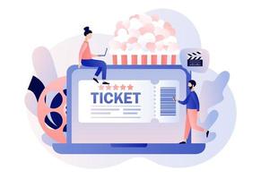 Film Tickets online Verkauf. winzig Menschen Kaufen oder Buch Tickets auf das Internet. online Kino. Handy, Mobiltelefon Film Theater. Kinematographie. modern eben Karikatur Stil. Vektor Illustration auf Weiß Hintergrund