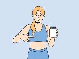 leende sports i sportkläder visa på protein flaska i händer. Lycklig kvinna idrottare rekommendera sport näring tillägg för Träning eller träna. vektor illustration.